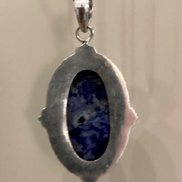 Sodalite Cabochon Pendant Necklace Silvertone 17” - Picture 4 of 9